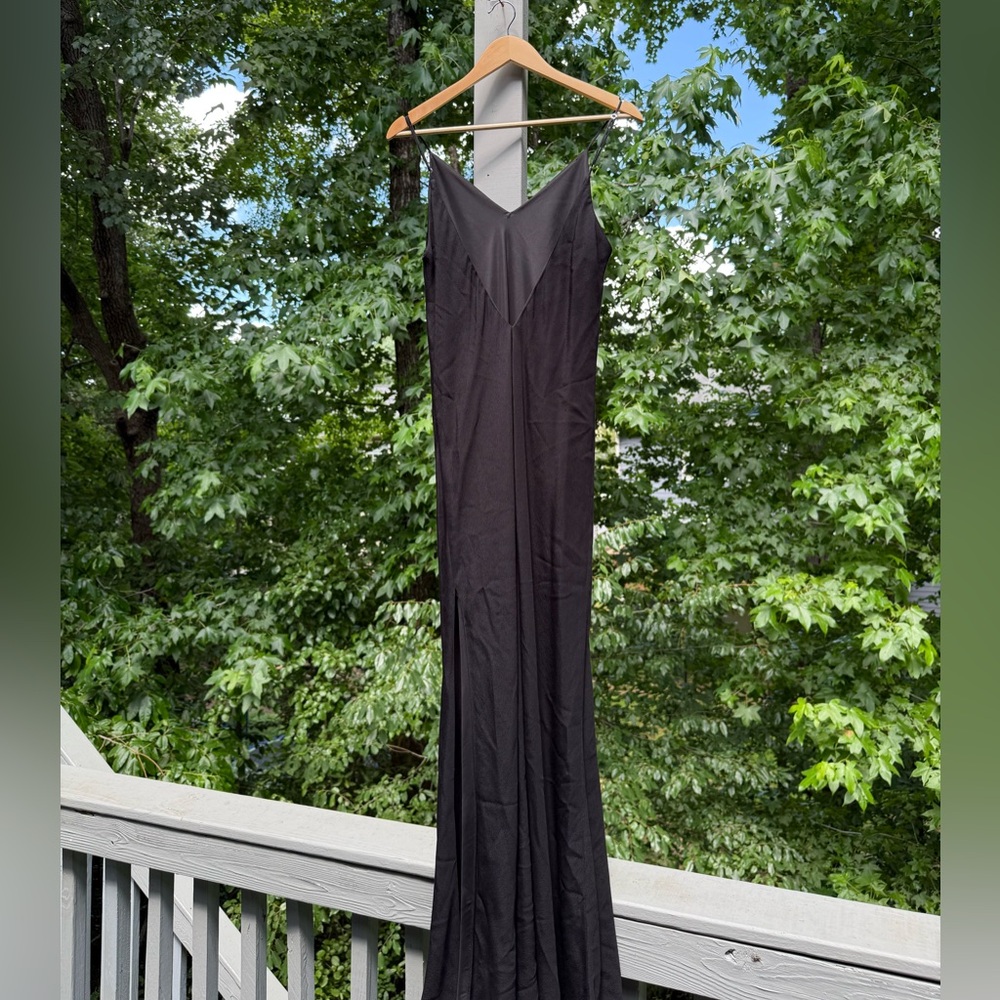 Lavender Brown Elegant Black Maxi Dress Low Back Spaghetti Strap Cleo Gown